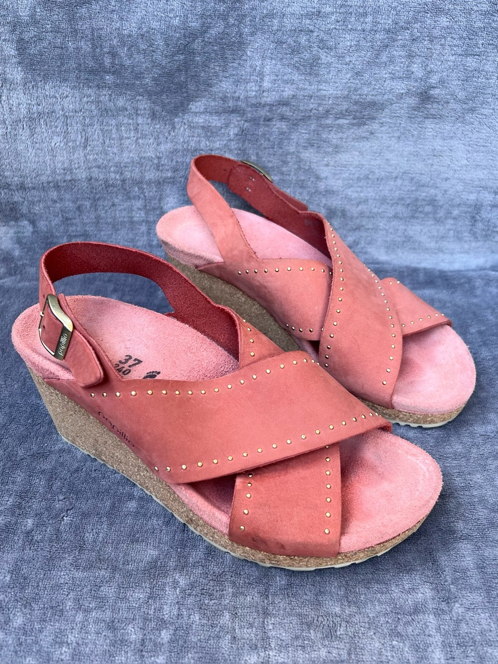 Papillio Birkenstock Samira Studded Slingback Wedge Sandals EU 37 6.5 Earth Red